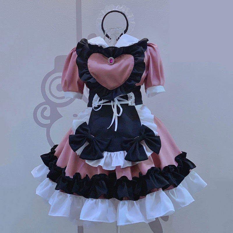 ハロウィン·クリスマス メイド服 ハート柄 黒 ピンク