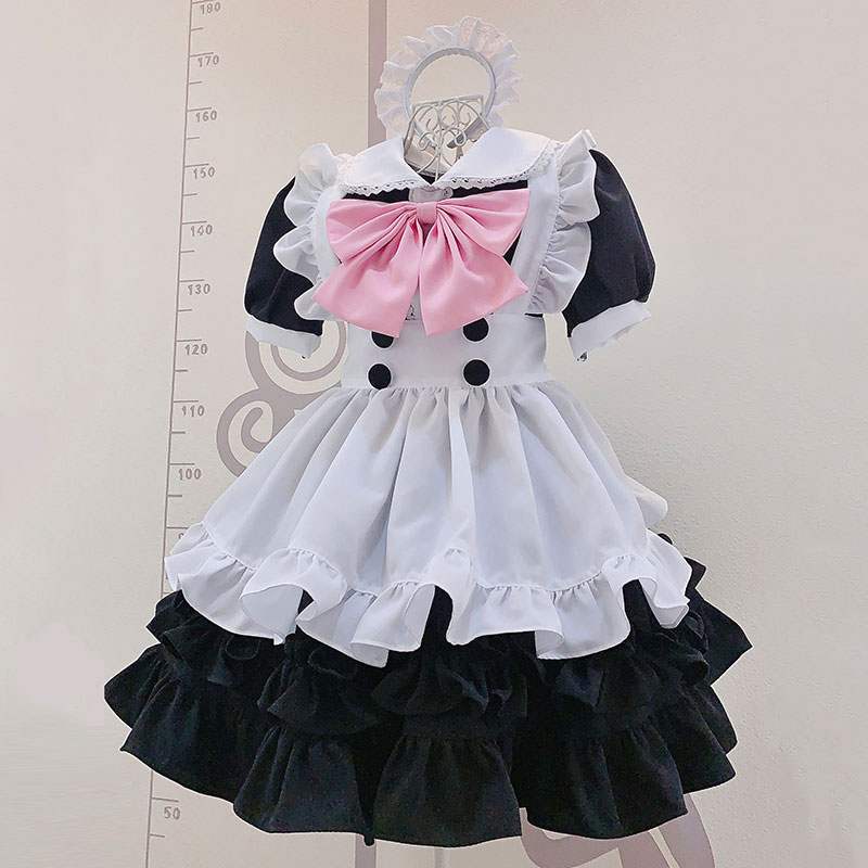 新品メイド服　黒白ワンピース　ピンク蝶結び　可愛いスカート